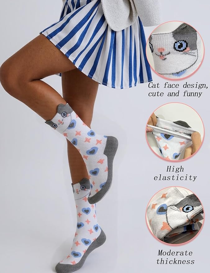 12 Pairs Cute Cat Crew Socks for Women Cat Socks Womens Crew Socks Novelty Gifts for Women Teenage Girls Men Girlfriend Animal Lovers