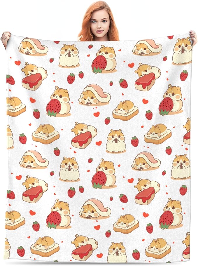Hamster Strawberry Soft Throw Blanket Flannel Fleece Blankets Warm Cozy Lightweight Fuzzy Blanket for Bed Sofa Couch Home Decor 60"X50"
