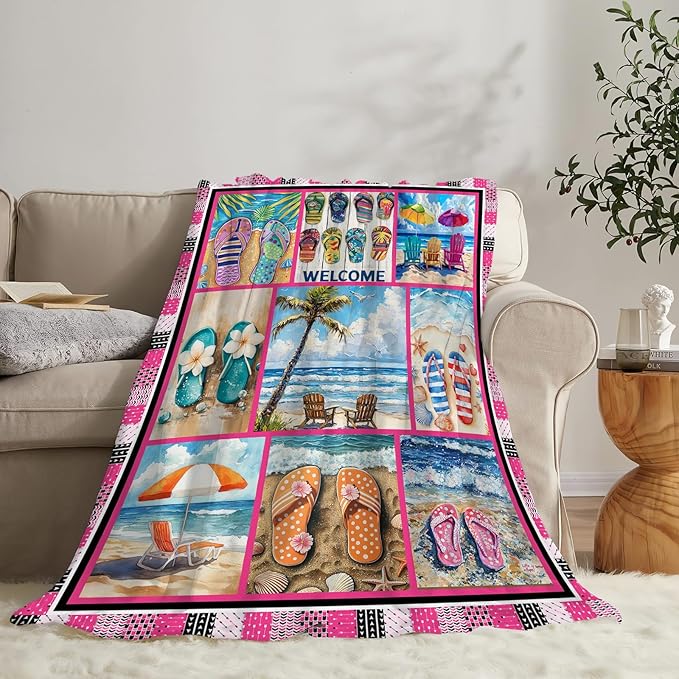 Coastal Blanket Ultra Soft Cozy Ocean Beach Palm Tree Throw Blanket Fleece Fuzzy Plush Bedding Blanket Beach Flip-Flops Decor Gifts for Women Girls Adults Couch Sofa 80"x60"