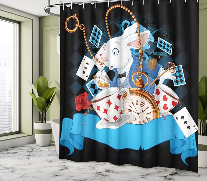 Ambesonne Alice in Wonderland Shower Curtain, Rabbit Motion Cups Hearts and Flower Character Alice Cartoon Style, Cloth Fabric Bathroom Decor Set with Hooks, 69" W x 84" L, Dark Blue Charcoal Grey