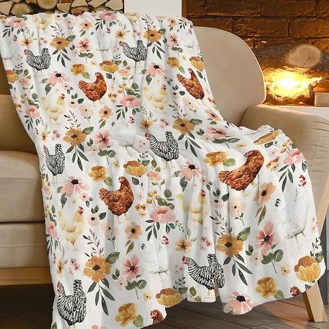 Chicken Floral Blanket Rooster Hen Printed Decor Throw Blanket Warm Soft Plush Lightweight Fleece Flannel Winter Blanket Farm Gifts for Girls Women Farmer Lover Boys Baby Kids Couch Bedding 60"X80"