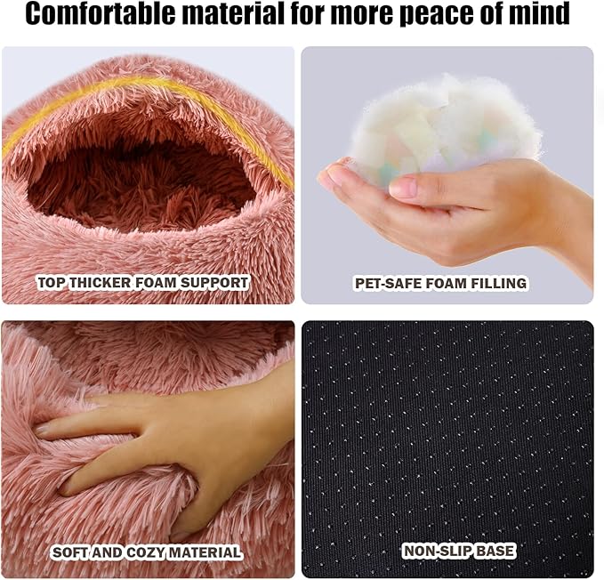 Calming Dog Beds & Cat Cave Bed with Hooded Cover,Washable Round Beds for Small Medium Pets,Anti-Slip Faux Fur Fluffy Coved Bed,Comfortable Warming Pet Bed(20 * 20inch,Leather Pink)