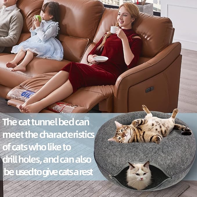 Cat Tunnel Bed, Cat Tunnels for Indoor Cats Large, Peekaboo Cat Cave, Cat Hideaway Folded Cat Donut Tunnel, Detachable Round Felt & Washable Interior Cat House (24 in * 24 in* 11 in Large) Dark Gray