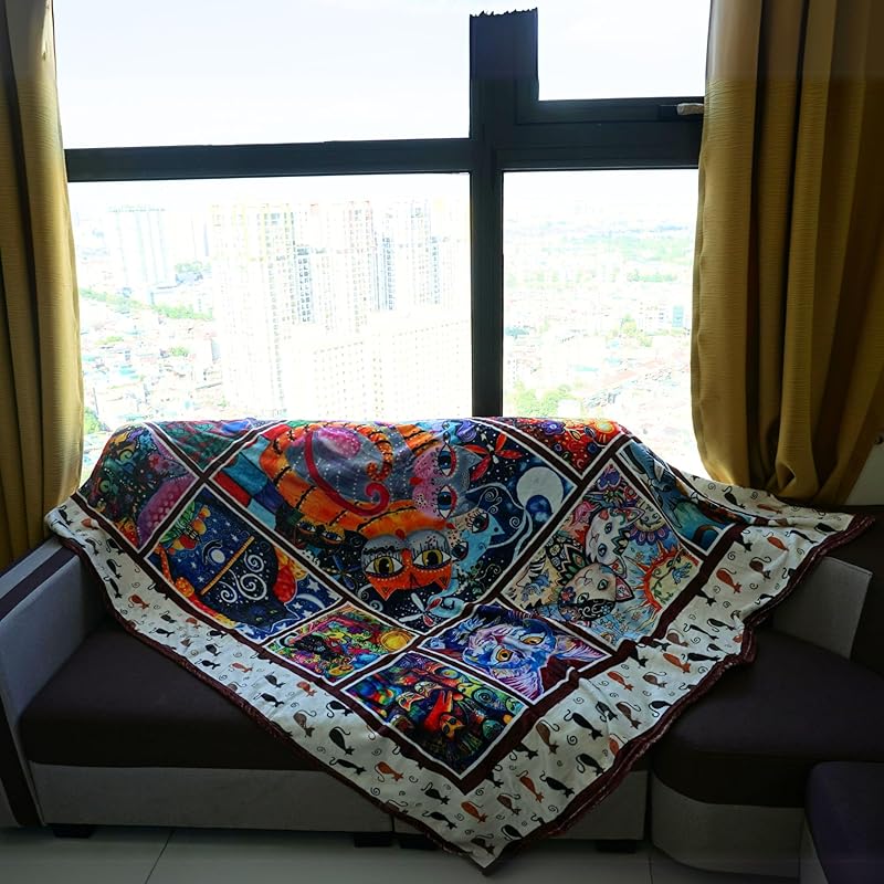 Throw Blanket - Colorful Cat Design Boho Blanket, Ultra Soft Rustic Quilt For Sofa, Couch, Bed, Bath Towels - Lightweight Bohemian Blankets - Cute Decorative Throw Coverlet (59x87 inch)