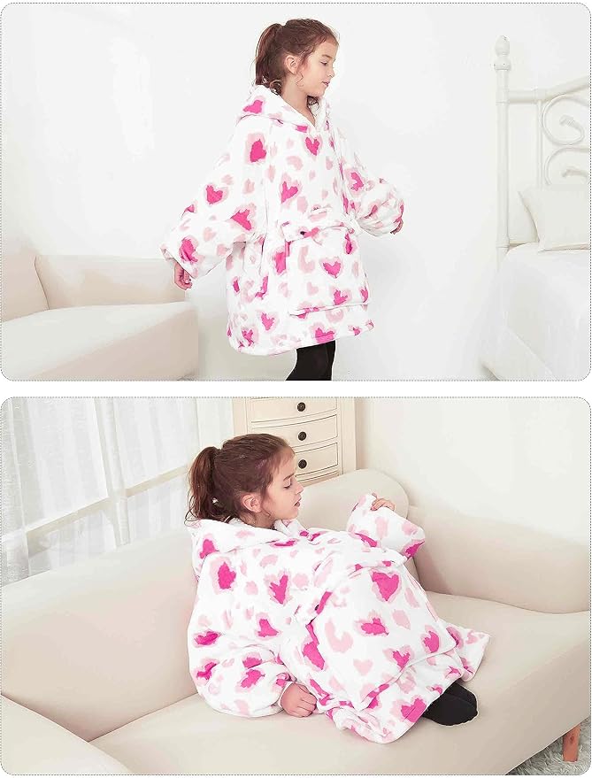 KFUBUO Wearable Blanket Hoodie for Kids Sherpa Patterns Oversized Sweatshirt Blanket With Pocket 6-10 Year Old Girl Boy Gifts for Kids