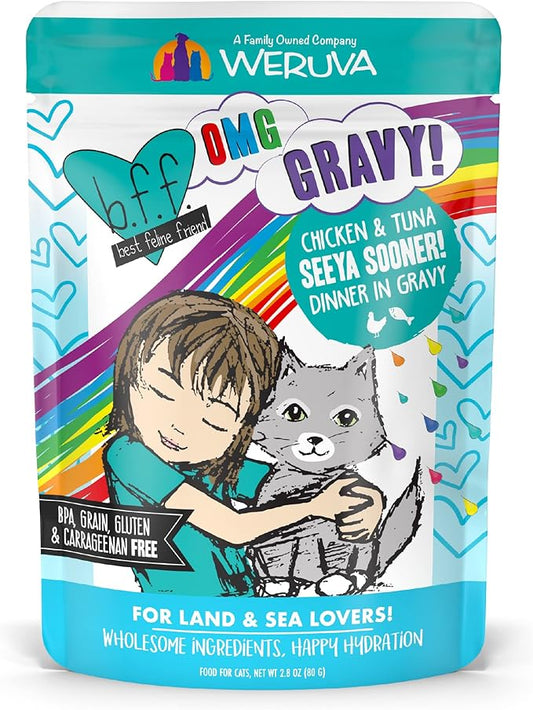 Weruva B.F.F. OMG - Best Feline Friend Oh My Gravy!, Seeya Sooner! with Chicken & Tuna in Gravy Cat Food, 2.8oz Pouch (Pack of 12)