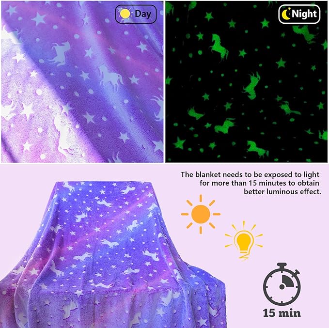 Unicorn Throw Blanket Glow in The Dark Blankets for Girls with Storage Bag, Best Gifts for Birthday Christmas Valentines, Girls Blanket Kids Blanket, Soft for Day Care Home Travel Use, 50"x60" Purple