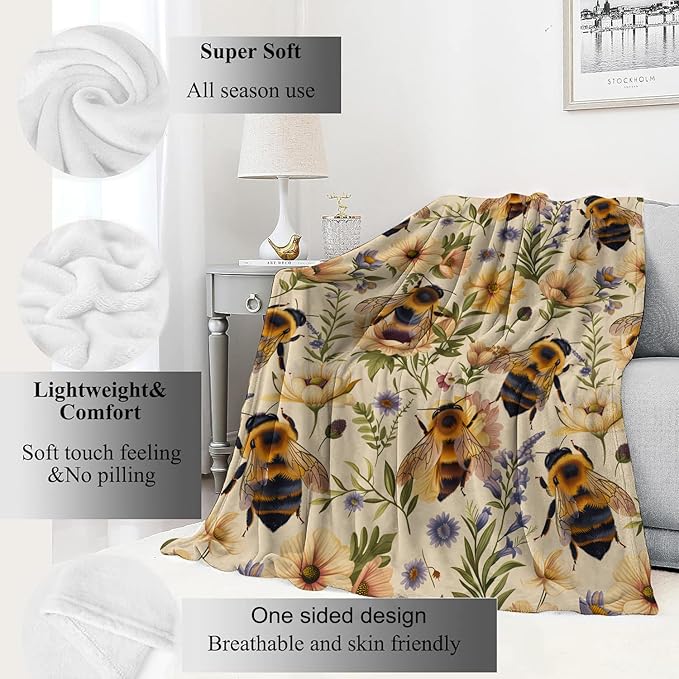 Bumblebee and Floral Blanket Bee and Wildflower Yellow Throw Blankets Gifts for Girls Boys Adults Lightweight Soft Fleece Cozy for Sofa Couch Bed Room Travel Birthday Decor 50x60in