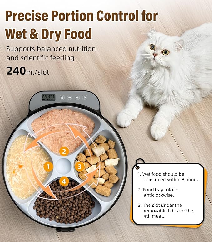Casfuy Battery-Operated Automatic Cat Feeder - Whisker Friendly Automatic Cat Food Dispenser for Wet Dry Food Cordless 4-Meal Auto Feeder for Cats Small Dogs with Programmable 12H/24H Format Timer