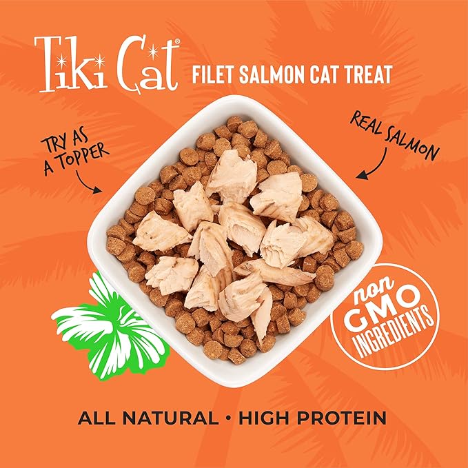 Tiki Cat Filet, All Natural Wild Caught Salmon, Single Ingredient High Moisture Non-GMO Wet Cat Food Topper, for All Life Stages, 1 oz. Pouch (Pack of 12)
