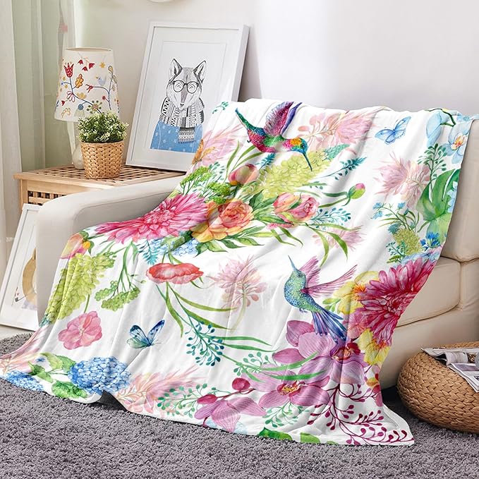 Hummingbird Throw Blanket Floral Flower Throw Blanket Spring Colorful Flannel Fleece Throw Blankets Gifts for Women Children Soft Cozy Plush Throw Blankets 60" x 80"