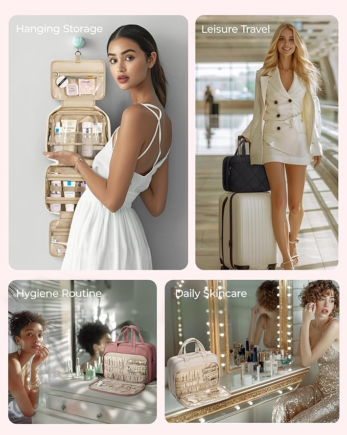 BAGSMART HangingToiletry Bag for Women, Puffy Travel Toiletry Bag with Jewelry Organizer, Waterproof Cosmetic Makeup Bag Compartment, Toiletries Kit Set for Traveling, Accessories, Essentials (M)