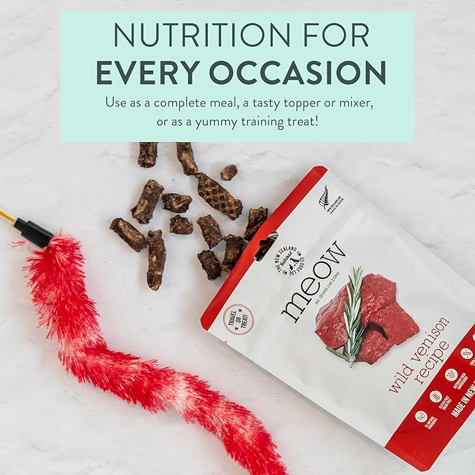 Meow Air Dried Cat Food - Venison Recipe, High Protein Dry Cat Food Use as a Complete Diet, Topper, Mixer, or as Cat Training Treats, All Life Stages, 26.5 oz