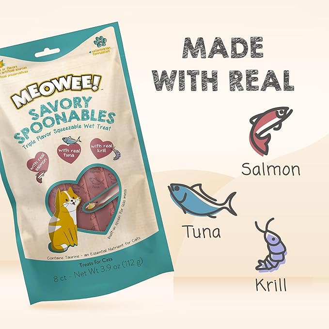 Savory Spoonables with Real Salmon, Tuna & Krill, 8 Count Tube, Triple Flavor Squeezable Lickable Wet Treats for Cats with Built-in Spoon for Less Mess