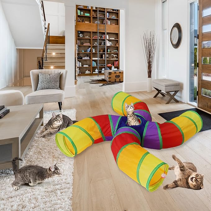 Bemodst Cat Tunnel for Indoor Cats Large,Cat Tubes and Tunnels Collapsible S-Shape Cat Tubes Kitty Tunnels Interactive Cat Toy with Storage Bag for Cat Small Dogs Ferret Rabbit (Colored 4-Way)