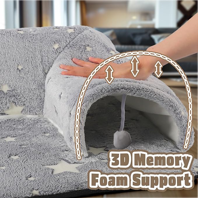 Kitten Tunnel Bed Mat, Glow in The Dark Kitten Bed for Indoor Kittens, Perfect Kitten Gift Toy with 3D Memory Foam, Detachable & Machine Washable, Non-Slip Bottom, Gray S