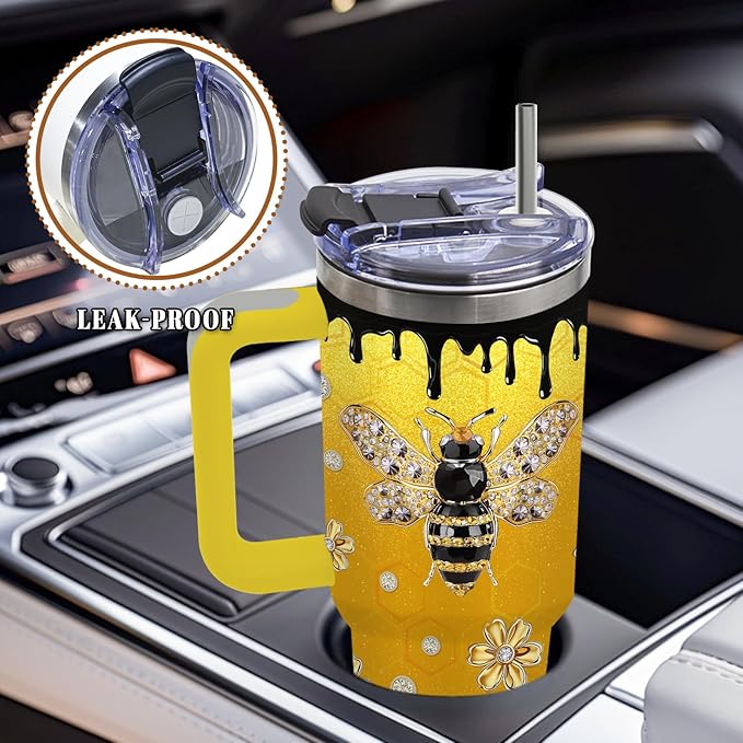 Bee Tumbler 40 Oz, Stainless Steel Insulated Mug with Glitter Accents, Empowering Bee Gifts for Women, Suitable for Nature Lovers, Feminine and Luxurious Gift for Her