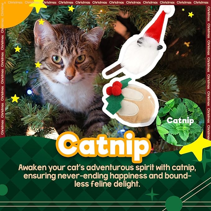 ALL FOR PAWS Christmas Cat Toys with Catnip, Bite-Resistant Teething Toy for Indoor Cats Exercise, Interactive Cat Mouse Toy