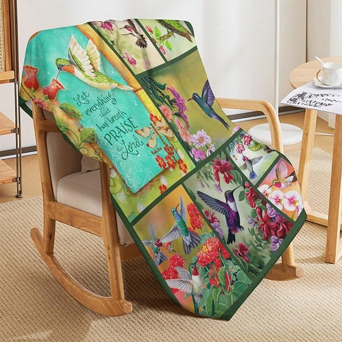 Green Hummingbirds Print Blanket Country Birds Floral Throw Blankets Gifts Couch Sofa Bed Stuff Decor Lightweight Soft Cozy Fleece Plush Flannel Bedding for Lover Men Women Boys Girls Adults 50"x60"