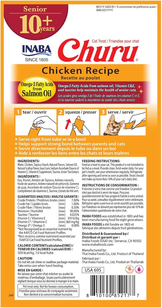 INABA Churu for Senior 10+, Creamy Lickable Cat Treats with Taurine, Vitamin E & C, 0.5 Ounces Each, 24 Tubes (4 per Pack), Chicken Recipe