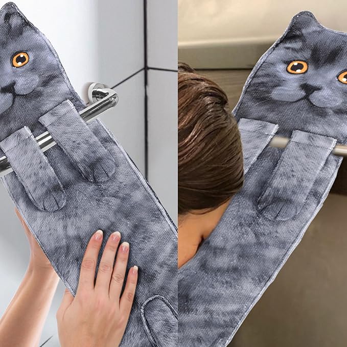 Cat Funny Hand Towels for Bathroom Kitchen- Cute Decorative Kitten Decor Hanging Face Towels- Unique Housewarming Valentines Mothers Birthday Gifts for Women Mom Cat Lovers