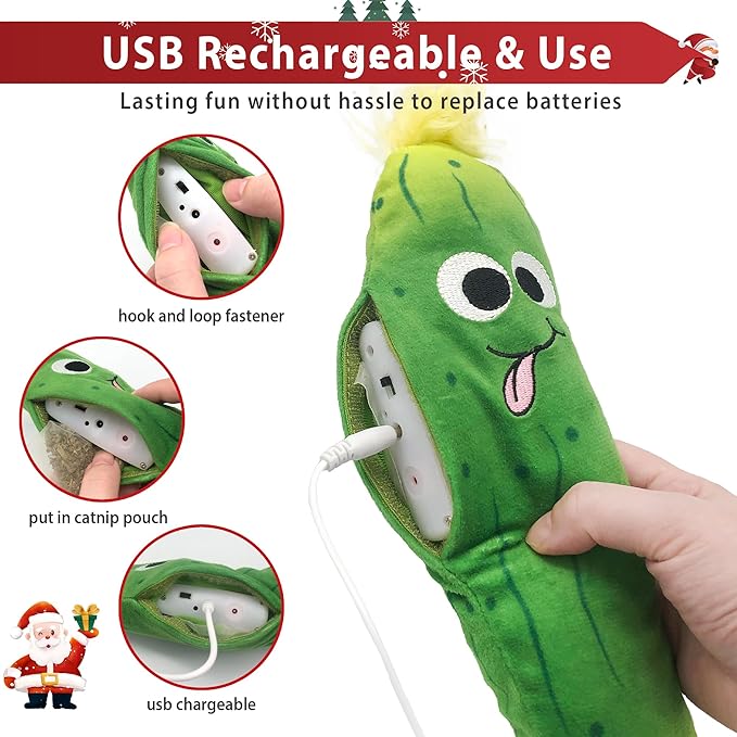 Gigwi Interactive Cat Toys, Rechargeable Flapping Wiggle Pickle with SilverVine Catnip, Beating Tails Cat Toys for Indoor Cat, Touch Activated Best Gift For Birthday, Thanksgiving, Christmas, New Year