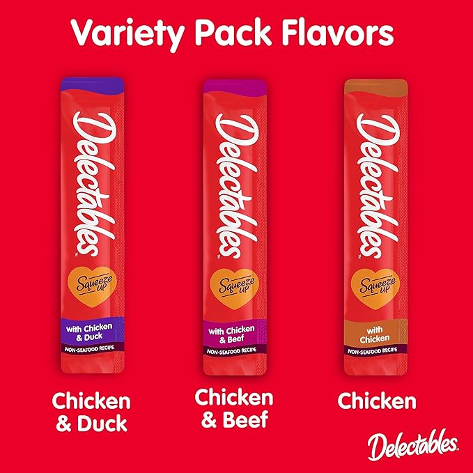 Delectables Squeeze Up Non-Seafood Variety Pack, Creamy Squeezable Puree, Lickable Wet Cat Treats, Grain Free, No Added Fillers, No By-Products, No Added Preservatives, 0.5 Ounces Tube, 54 Tubes Total