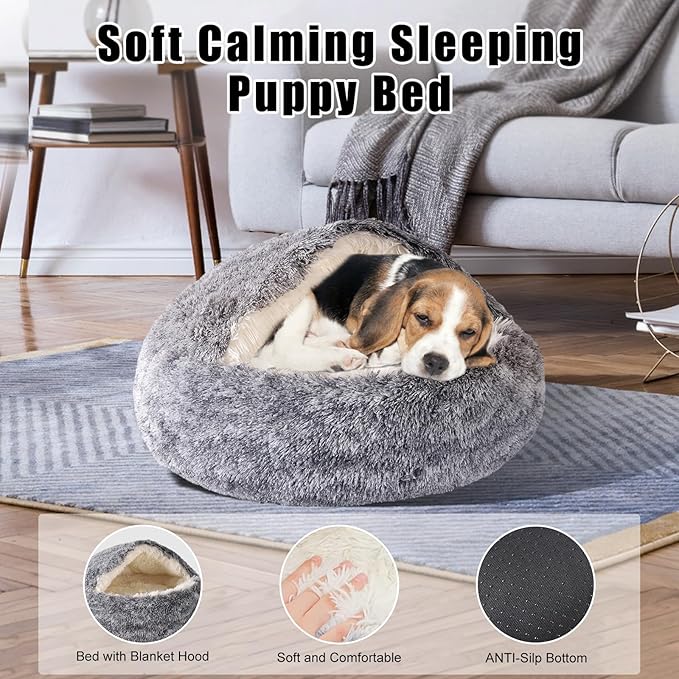 Calming Dog Beds & Cat Cave Bed with Hooded Cover,Washable Round Beds for Small Medium Pets,Anti-Slip Faux Fur Fluffy Coved Bed,Comfortable Warming Pet Bed (24 * 24inch,Grey)