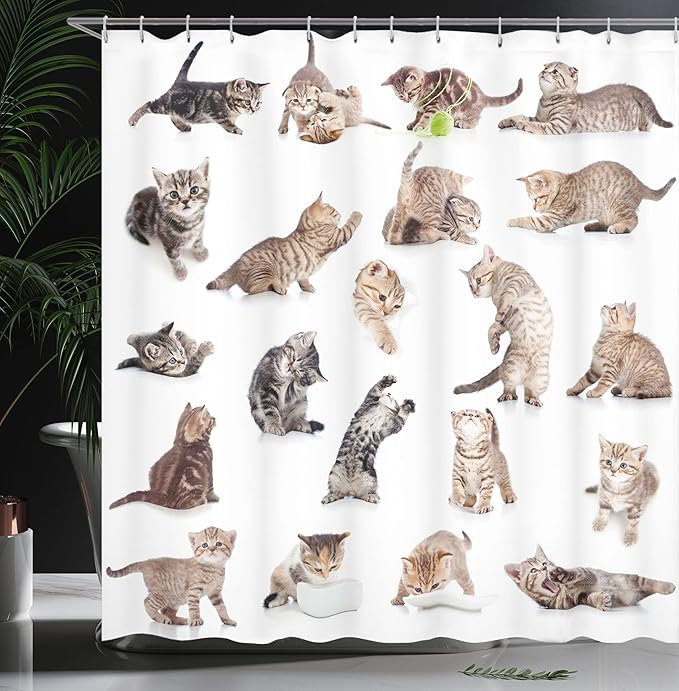 Ambesonne Cat Shower Curtain, Illustration of Funny Playful Cats on Plain Background Animals Kitten Pattern, Cloth Fabric Bathroom Decor Set with Hooks, 69" W x 70" L, Brown Black