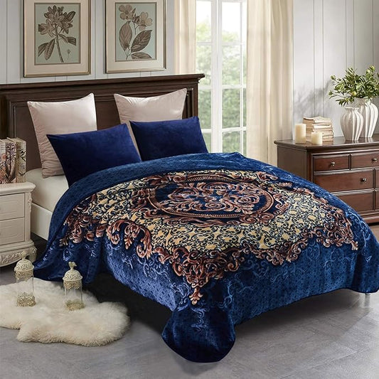 JML Fleece Blanket King Size, Heavy Korean Mink, 85 X 95 Inches, 9 Lbs, Soft and Warm, Thick Raschel Printed Mink Blanket for Autumn, Winter, Bed, Home, Gifts, Royal Blue Flower