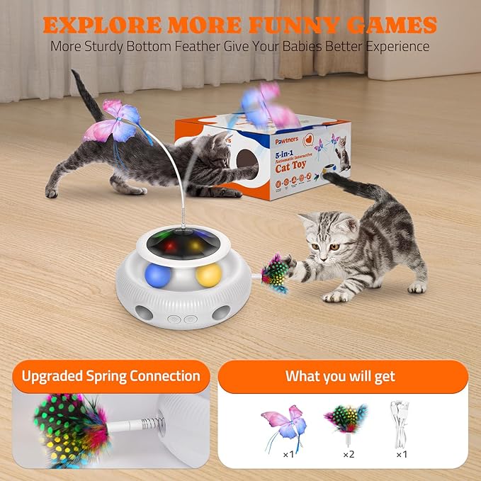 Interactive Cat Toys: 3 in 1 Automatic Cat Toy for Indoor Cats, Electric Kitten Toy with USB Rechargeable, Self Play Kitty Toy with Spinner Fluttering Butterfly, Track Ball and 2 Ambush Feathers