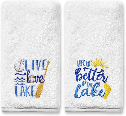 Lake Hand Towels for Bathroom Set of 2, Embroidered House Gifts Decor, Life Decorative New Home Tea Towels, 100% Cotton Soft Kitchen Towels 14x30 Inches