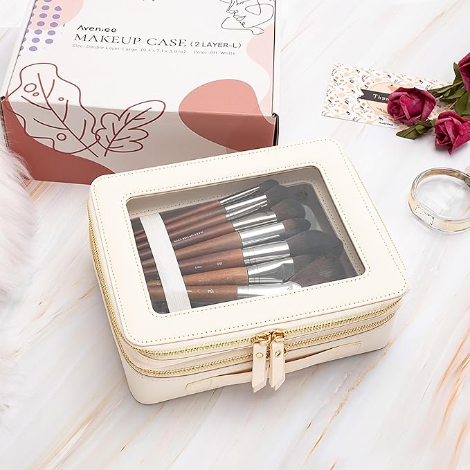 Aveniee Clear Makeup Bags, Double Layer Cosmetic Case with Separate Brush Compartment, Large Toiletry Organizer for Women, Travel Accessories Holder(2 Layers Large, White)