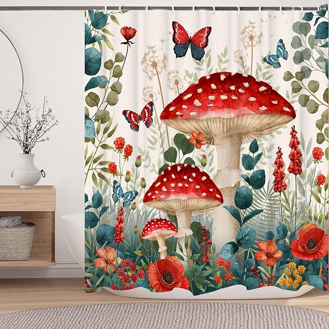 Boho Red Mushroom Shower Curtain,Floral Woodland Mushrooms with Sage Green Eucalyptus BranchesShower Curtain Set,Butterfly Botanical Flower Fabric Shower Curtains for Bathroom with Hooks 60X72inches