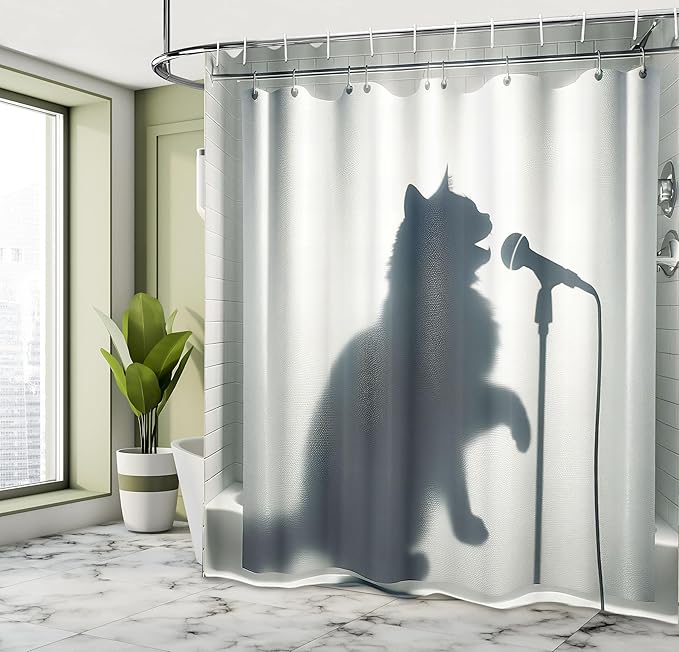 Ambesonne Cat Shower Curtain, Shadow of a Singing Kitty Funny Bath Time Musician Animal Humorous Joke, Cloth Fabric Bathroom Decor Set with Hooks, 69" W x 70" L, Dark Blue Grey Off White