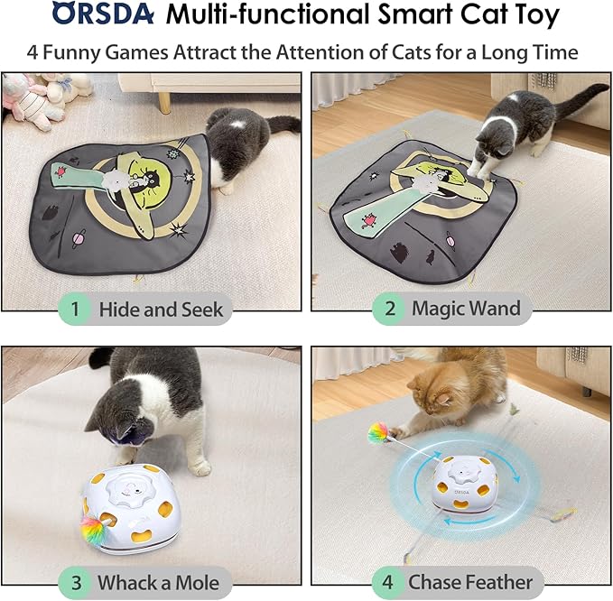 ORSDA Cat Toys, 4 in 1 Interactive Cat Toy Automatic Cat Toys for Indoor Cats Kitten Toys for Indoor Kittens, 8 Holes Mice Whack-A-Mole, Hide and Seek Smart Motion with 5PCS DIY Replacement Refills
