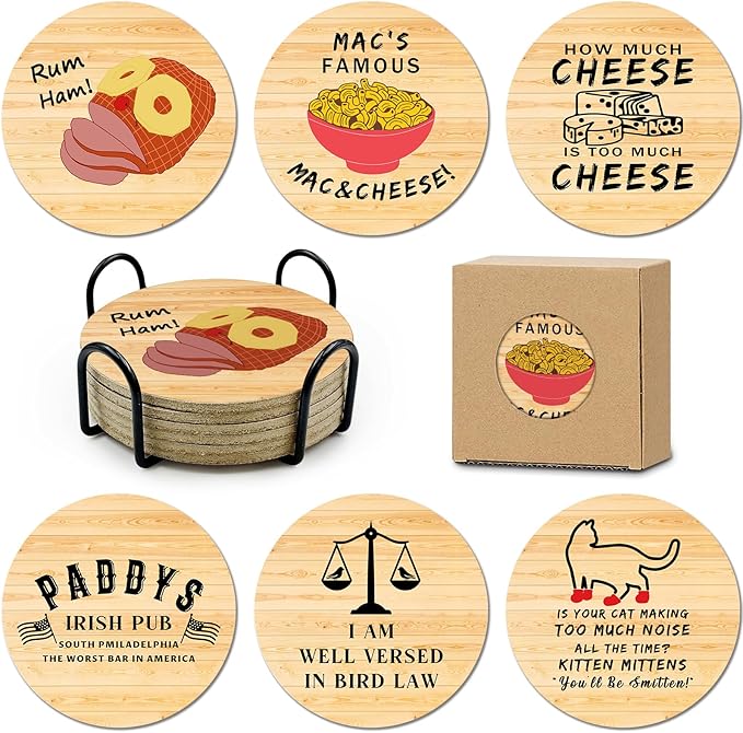 6 PCS with Coaster Holder Always Sunny in Philadelphia Cork Coasters for Drinks,Always Sunny in Philadelphia TV Show Merchandise,Always Sunny in Philadelphia TV Themed Coaster Gifts for Fans