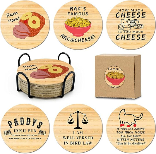 6 PCS with Coaster Holder Always Sunny in Philadelphia Cork Coasters for Drinks,Always Sunny in Philadelphia TV Show Merchandise,Always Sunny in Philadelphia TV Themed Coaster Gifts for Fans