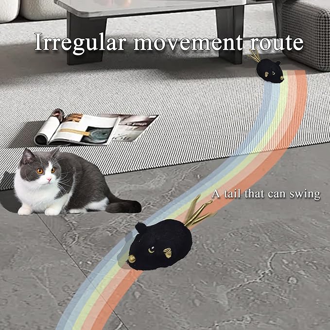 Cat Toys Squeaky Rechargeable Moving Mouse with Dynamic Magic Tail, Automatic Self Play Mouse Interactive Cat Toy for Indoor Cats, Kitten's Electric Multi-Mode Activated Mouse Toy (Black)