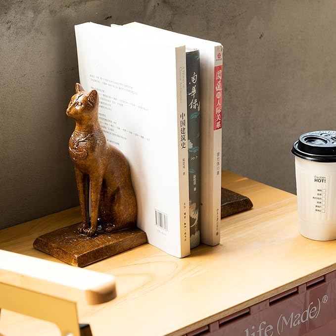 Book Ends Retro Cat Decorative Bookends, Vintage Antique Heavy Duty Egyptian Cat Hold Books Collectors, Black Decor for Office/Shelves/Living Room Father (Wood Grain)