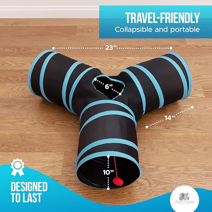 3-Way Cat Tunnels for Indoor Cats - Rabbit Tunnels and Hideouts - Durable and Collapsible Cat Tubes and Tunnels for Active Play (Blue)