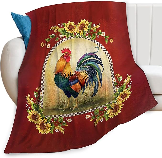 Farmhouse Rooster Blanket Chicken Sunflower Farm Country Red Print Throw Blankets for Couch Sofa Bed Lightweight Soft Cozy Fleece Plush Warm Flannel Bedding Blanket Gifts for Kids Adults 50"x60"