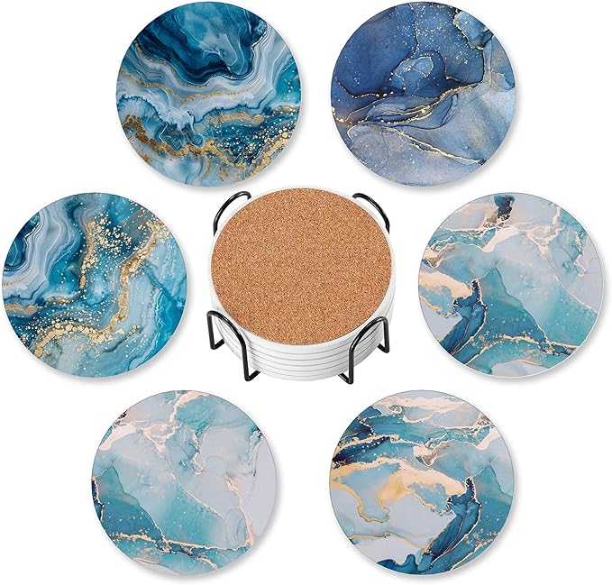 Blue Marble Fluid Set of 6 Coasters for Drinks Absorbing Round Ceramic Stone Coaster with Cork Base,Tabletop Protection Mat for Mugs and Cups,Office,Kitchen
