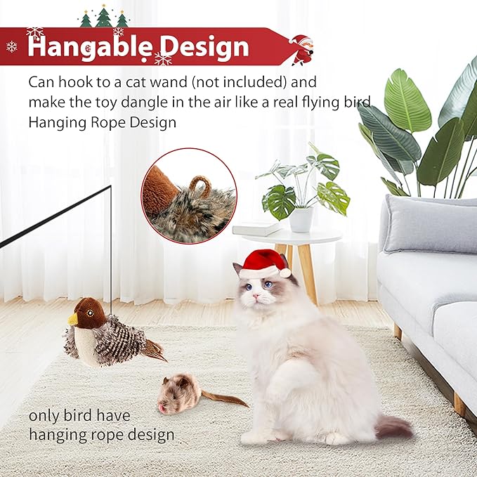 PETGEEK GiGwi Chirping Bird Cat Toys 2 Pcs - Melody Chaser Realistic Bird & Mouse Plush Toy - Hangable Design Best Gift for Birthday, Thanksgiving, Christmas, New Year (Bird Mouse Set)