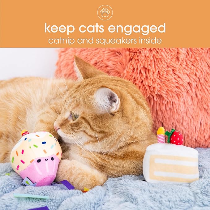 Pearhead Birthday Cake Cat Toy Set, Stuffed Birthday Cake and Cupcake Cat Toys with Catnip and Squeakers, Interactive Fun Kitten Toys, Perfect Pet Owner Birthday Gift, Ideal for Cat Lovers, Set of 2