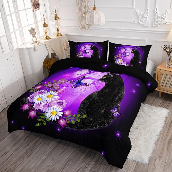 Black Cat Bedding Cartoon Cat Comforter Set Full,Daisy Butterflies Printed Kids Bedding Set for Kids Boys Girls Adults Room Decor,Kids Comforter Set All Season,1 Quilt 2 Pillow Cases