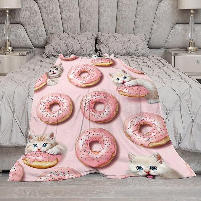 Donut Cat Blanket Donut Gifts for Girls Boys Woman Kids Donut Cat Lover Throw Blankets Soft Blanket Warm Fleece Flannel Plush Blankets for Bed Sofa Couch 50"x60"