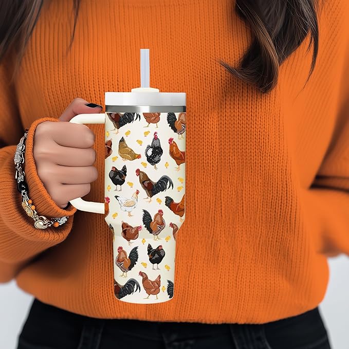 40 OZ Chicken Tumbler with Handle.Chicken Lover Gifts.Unique Birthday Christmas Gifts for Farmer Chicken Lover.Personalized 40 OZ Chicken Tumbler Gifts for Women Men.