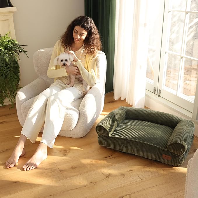 FUKUMARU Cat Couch Bed, Corduroy Cozy Cat Bed for Indoor Cats with Removable Washable Cover, Supportive Anti-Slip Dog Beds Sofa for Small Dogs Cute, 27inch, Medium, Green