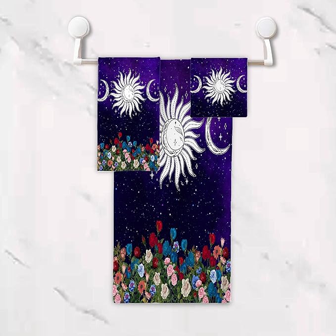 Sun with Star 3 Piece Towel Bathroom Sets, 1 Bath Towel, 1 Washcloth, 1 Hand Towel, Cotton Fast Dry Soft Absorbent Towel Set for Home Kitchen Family